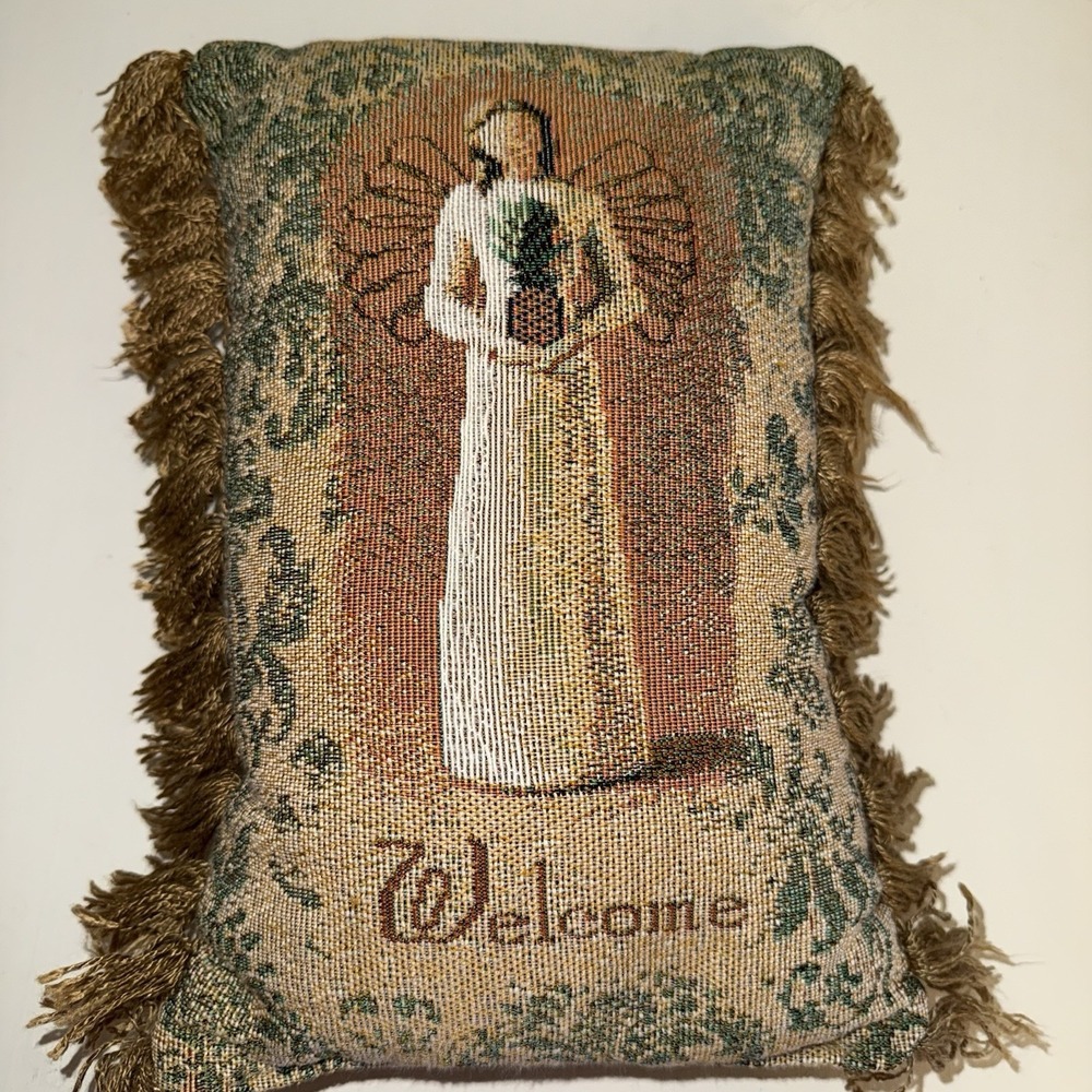 Willow Tree Welcome Tapestry Pillow 8x12" Angel Design Fringe Edge Cottage‎ core